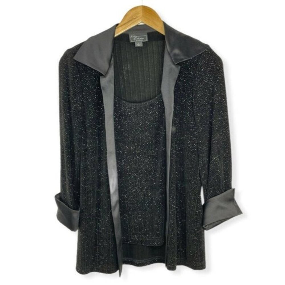 Disco Dressbarn Collection Blouse Size 4 Black Sparkle Layered Tank Look Party